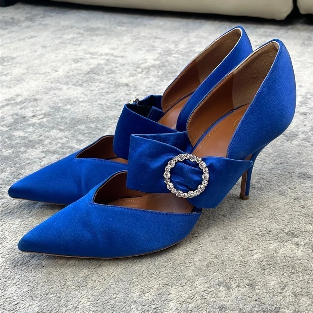 Malone Souliers Maite Crystal Buckle Satin Point Toe Pumps Blue Sz 39.5